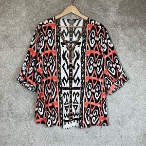 Chico’s Blouse Womens 2 Pink White Pullover Beaded 3/4 Sleeve V Neck- 9788*